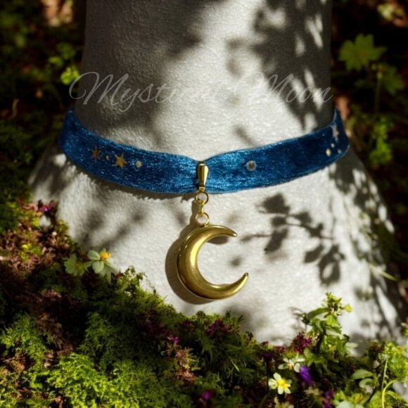 Night Sky Blue Velvet Choker Necklace with Celestial Star Golden Print and Cresc - Picture 5 of 5